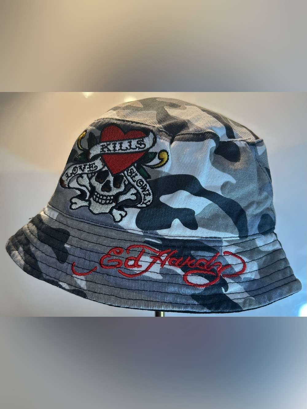 Ed Hardy Gray & Black Camo Reversible Bucket Hat with Red Script
